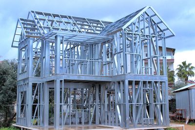 Low angle view of building on field against sky