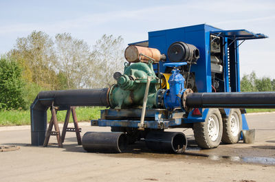 Industrial sewer pump pumping out excess water from the sewer. flooded sewage treatment.