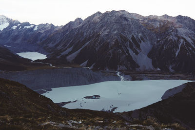 Scenic view of lake by mountains against sky