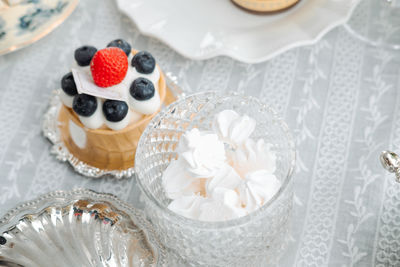 High angle view of dessert on table