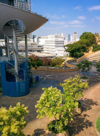 Plants by beach against sky in city