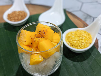 High angle view of fruits in bowl on table