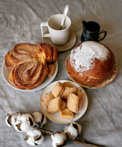 High angle view of breakfast on table