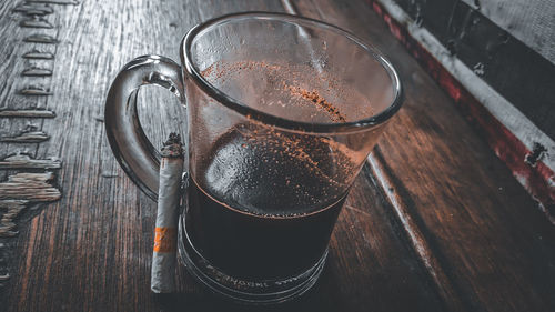 High angle view of coffee cup on table