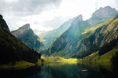 Scenic view of lake and mountains against sky