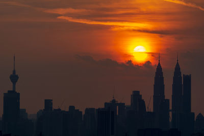 Silhouette of buildings against cloudy sky during sunset