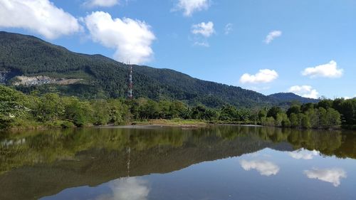 Scenic view of lake and mountains against sky