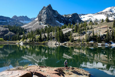 Scenic view of lake by mountains against sky