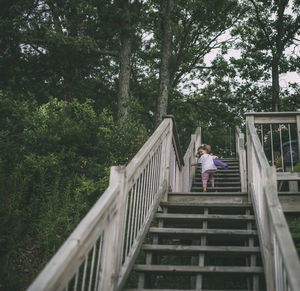 Low angle view of playful siblings climbing wooden steps