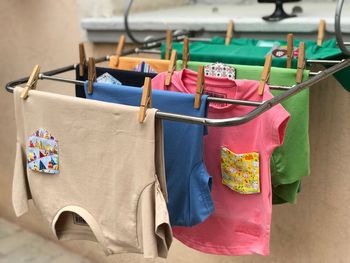 Close-up of clothes hanging on clothesline