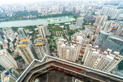 High angle view of modern buildings in city