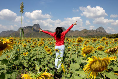 Rear view of woman with yellow flowers against sky