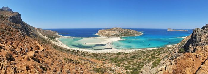 Panoramic view of sea against clear blue sky