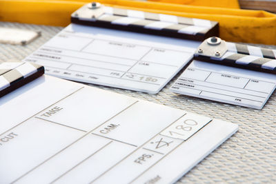 High angle view of film slates on table