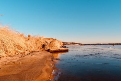 Scenic view of beach against clear blue sky