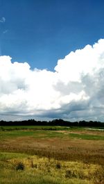 Scenic view of grassy field against cloudy sky