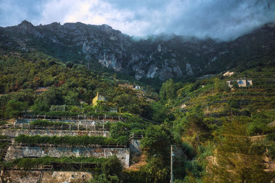 High angle view of townscape against mountains