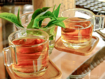 Close-up of tea in glass on table