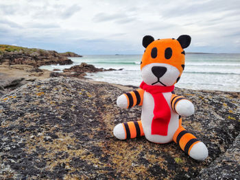 Toy car on rock by sea against sky