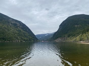 Scenic view of lake by mountains against sky