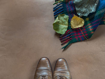 Close-up of shoes and dry leaves on brown paper