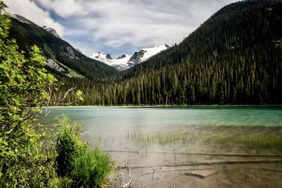 Scenic view of lake by mountains against sky