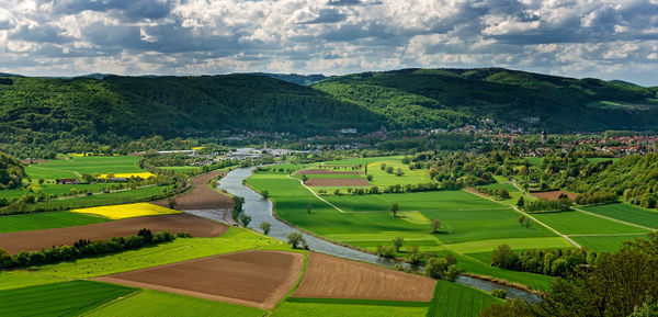 Aerial view of agricultural field against sky