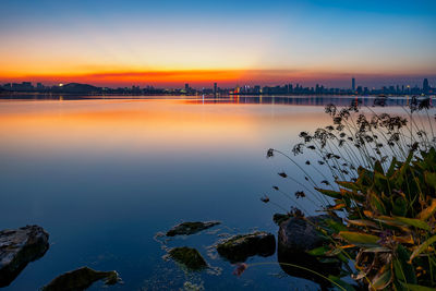 Scenic view of lake against sky during sunset