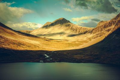 Scenic view of lake and mountains against sky