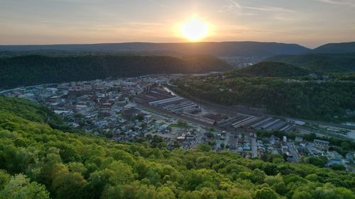 High angle view of townscape against sky during sunset