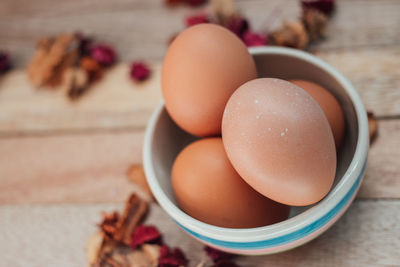 Close-up of eggs in bowl on wooden table