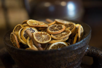 Close-up of dried lime slices in bowl