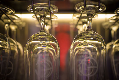 Close-up of wine bottles on table