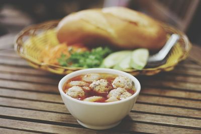 Close-up of soup in bowl on table