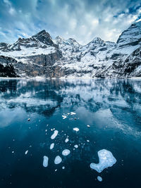 Scenic view of frozen lake and mountains against sky