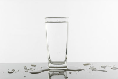 Close-up of water drops on glass against white background