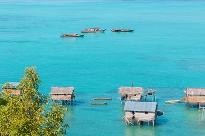 High angle view of fishing boats in sea