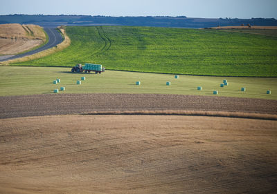 Scenic view of agricultural field against sky