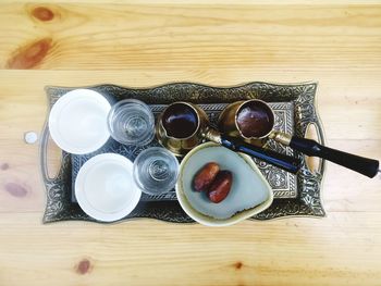 High angle view of breakfast on table
