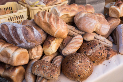 High angle view of bread in basket on table