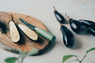 Close up of eggplants on table at home