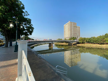 Bridge over river by buildings against clear sky