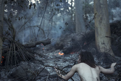 Rear view of woman standing amidst trees in forest