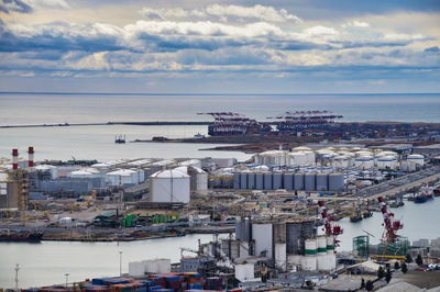 High angle view of commercial dock against sky