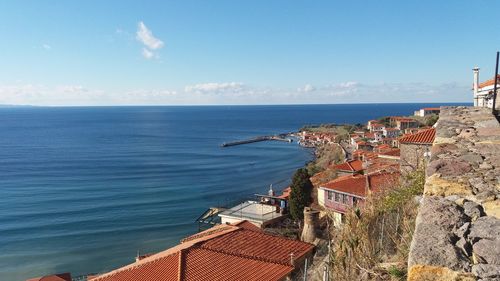 Aerial view of townscape by sea against sky