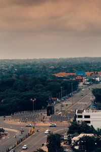 High angle view of city street against sky