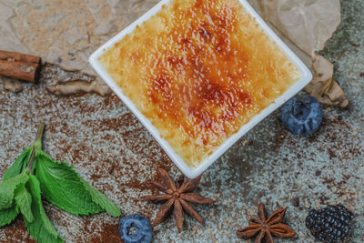 High angle view of dessert on table