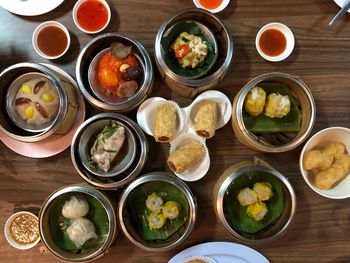 High angle view of various food on table