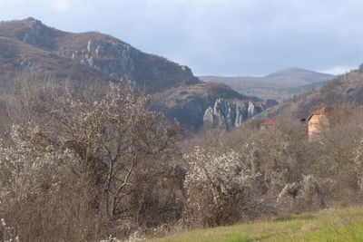 Scenic view of land and mountains against sky