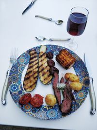 High angle view of breakfast served on table